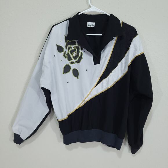 Vintage 80s Top Teddi Sport Womens 10 Black White Blouson Retro Floral D… - Picture 1 of 11